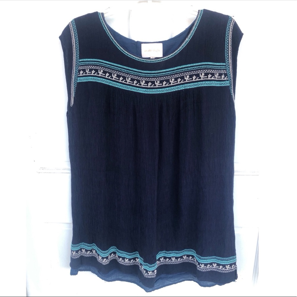 Under Skies Anthropologie Navy Embroidered Tunic Top | Size Large